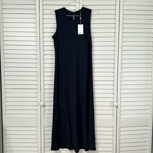 NWT Quince washable stretch, silk tank midi dress, navy blue XL button closure